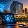 GIFT IFSC skyline with digital security shield illustrating NISM's cybersecurity certification course.