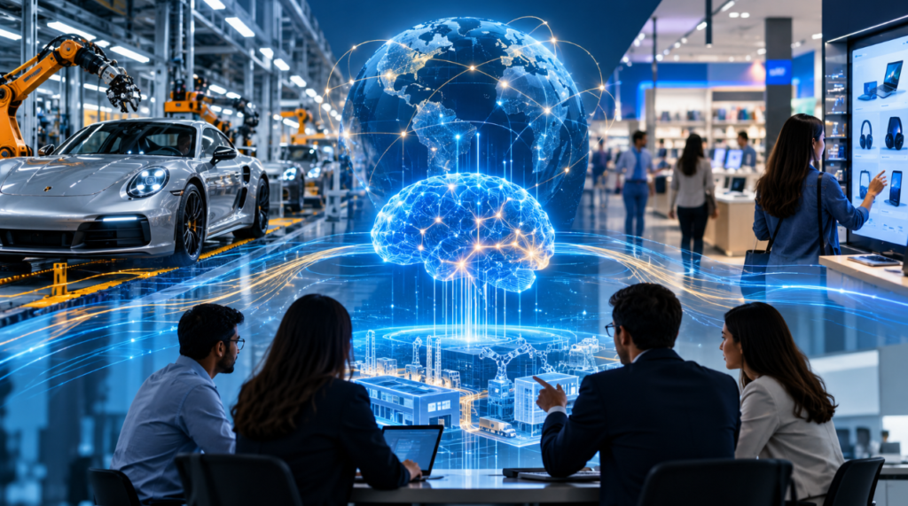 AI powered enterprise transformation connecting automotive manufacturing, retail and business operations.