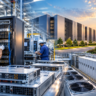 AI server racks being assembled inside a modern manufacturing facility alongside a large data centre campus with power and cooling infrastructure.
