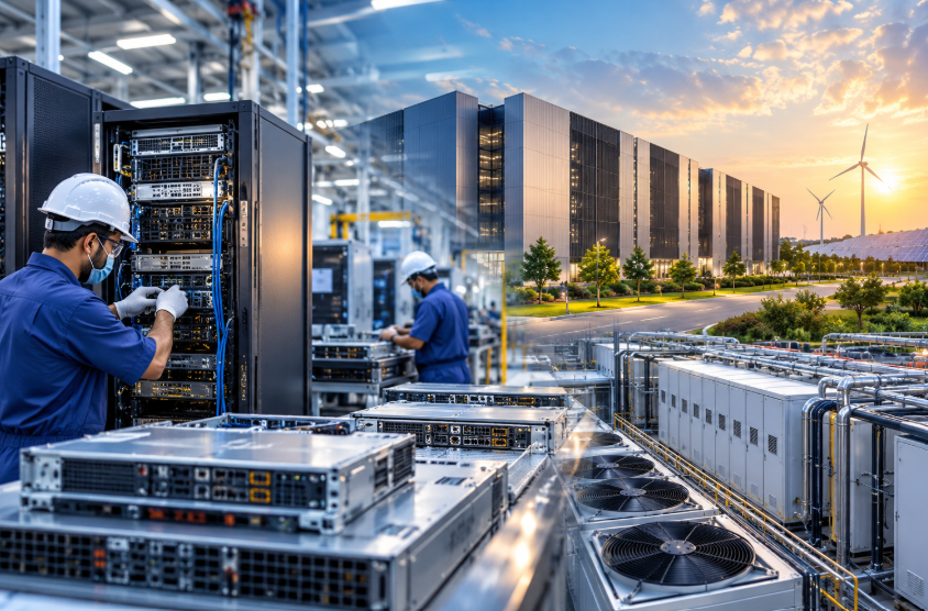 AI server racks being assembled inside a modern manufacturing facility alongside a large data centre campus with power and cooling infrastructure.