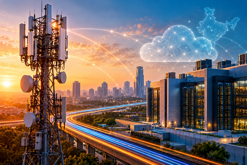 Telecom tower and data centre representing Jio Platforms' 5G network and AI infrastructure ambitions.