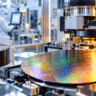 Silicon wafers and advanced chip manufacturing equipment inside a semiconductor fabrication cleanroom.