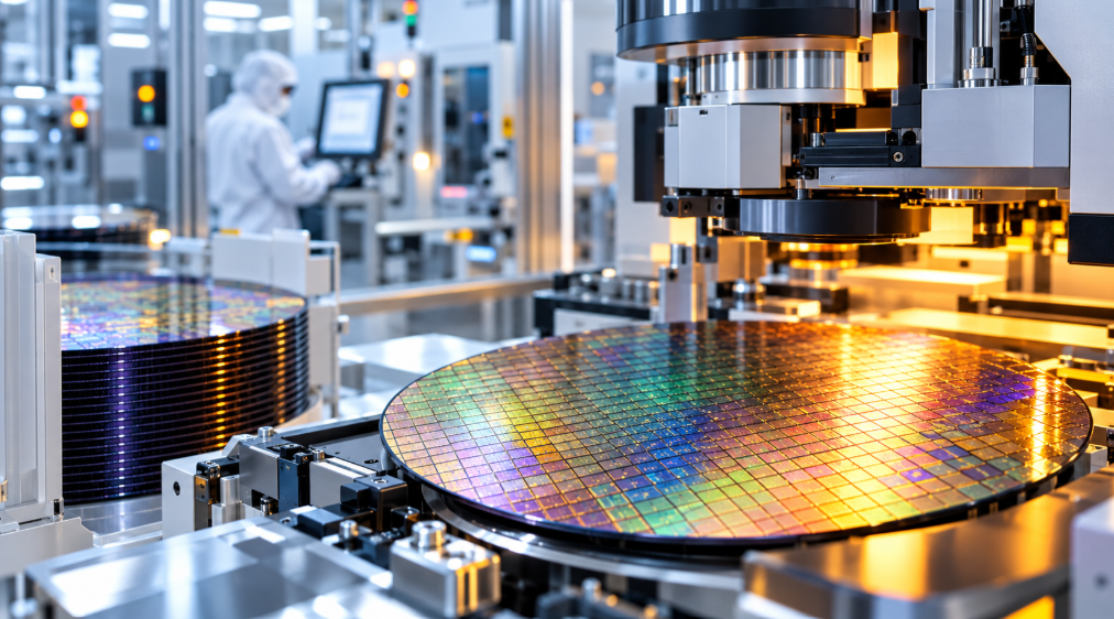 Silicon wafers and advanced chip manufacturing equipment inside a semiconductor fabrication cleanroom.