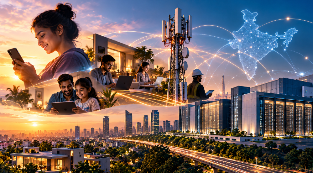 Jio Platforms digital ecosystem featuring 5G connectivity, artificial intelligence, data centres and digital services connecting millions of Indians.