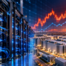 AI data centre server racks and hyperscale facilities with financial market charts illustrating the rising cost of AI infrastructure.