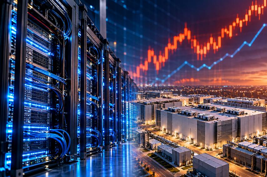 AI data centre server racks and hyperscale facilities with financial market charts illustrating the rising cost of AI infrastructure.