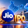 Jio Platforms IPO visual featuring the Jio logo, telecom tower, data centre, AI cloud and a connected digital map of India.
