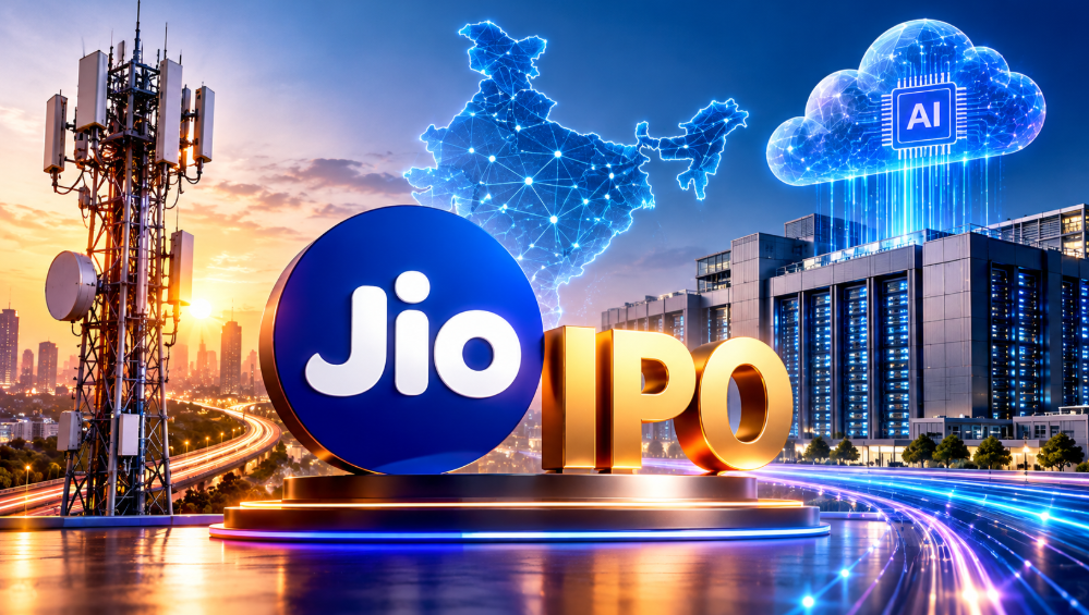 Jio Platforms IPO visual featuring the Jio logo, telecom tower, data centre, AI cloud and a connected digital map of India.