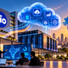 Jio branded digital infrastructure illustration featuring a modern office building, data centre servers, cloud computing, AI icons, a connected map of India and a rising growth chart.