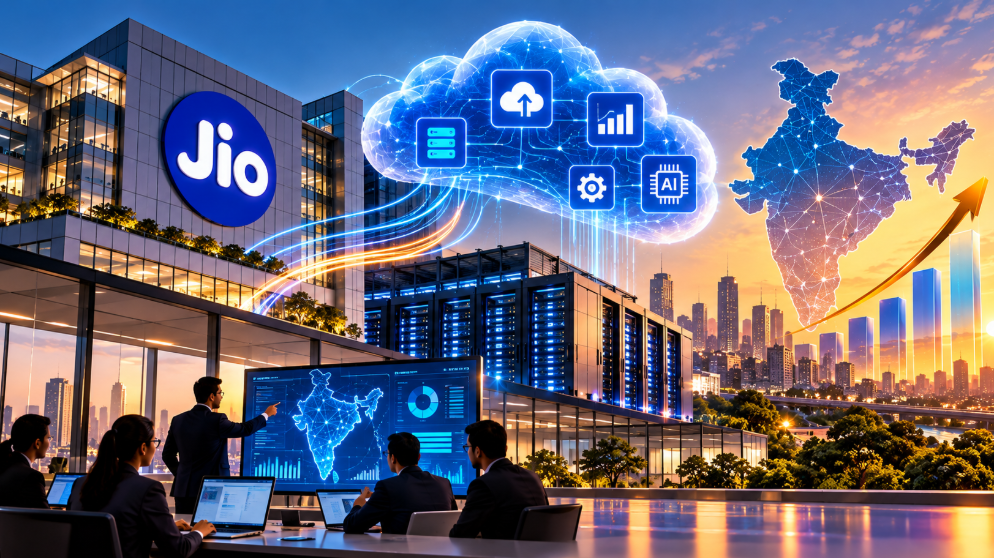 Jio branded digital infrastructure illustration featuring a modern office building, data centre servers, cloud computing, AI icons, a connected map of India and a rising growth chart.