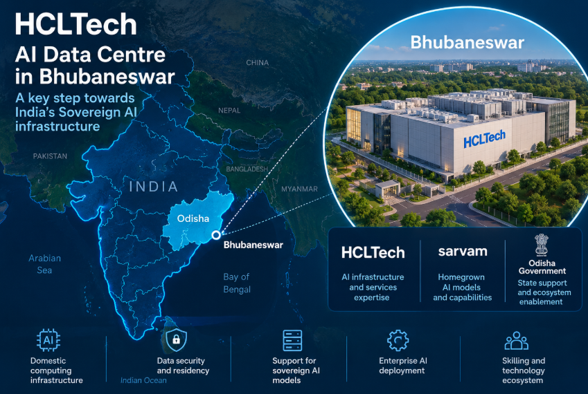Map of India highlighting Bhubaneswar, Odisha, for HCLTech’s planned AI data centre in partnership with Sarvam and the Odisha government.