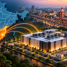 CapitaLand’s Chennai data centre campus shown alongside a map of India highlighting Tamil Nadu and Chennai’s growing digital infrastructure.