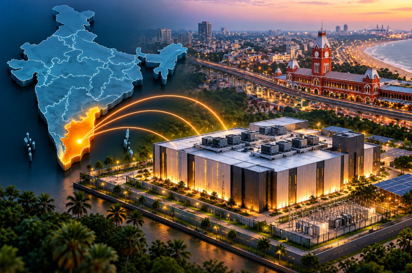 CapitaLand’s Chennai data centre campus shown alongside a map of India highlighting Tamil Nadu and Chennai’s growing digital infrastructure.