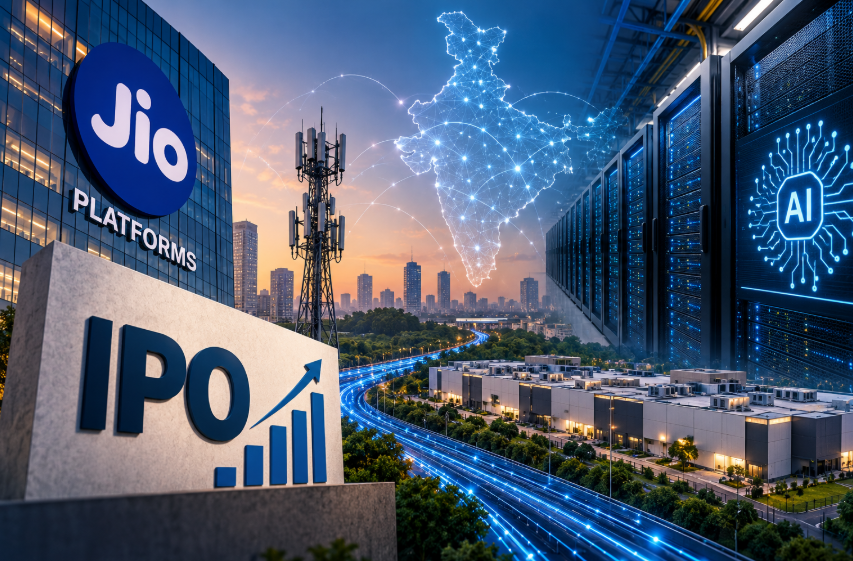 Jio Platforms IPO and AI infrastructure in India, featuring data centres, 5G connectivity and artificial intelligence technology.