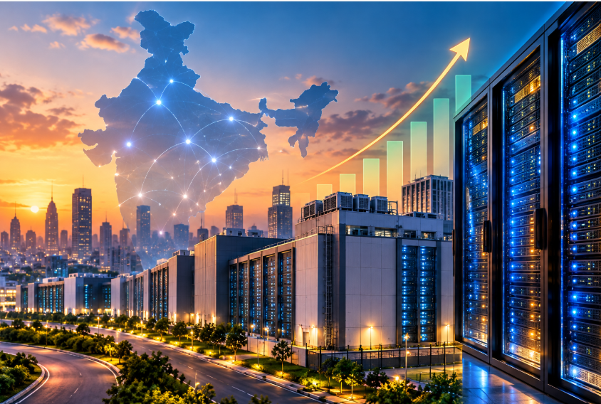 Modern data centre campus in India with illuminated server racks, a connected map of India and a rising arrow representing AI infrastructure growth.