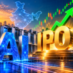 AI and IPO lettering against a financial market background featuring rising stock charts, a stock exchange building, digital infrastructure and technology inspired by artificial intelligence.