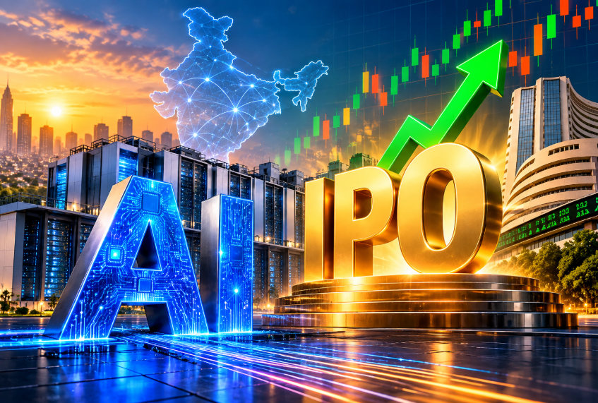 AI and IPO lettering against a financial market background featuring rising stock charts, a stock exchange building, digital infrastructure and technology inspired by artificial intelligence.
