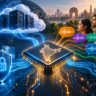 AI chip connected to cloud infrastructure, a cybersecurity shield and colourful speech waveforms representing India's linguistic diversity.