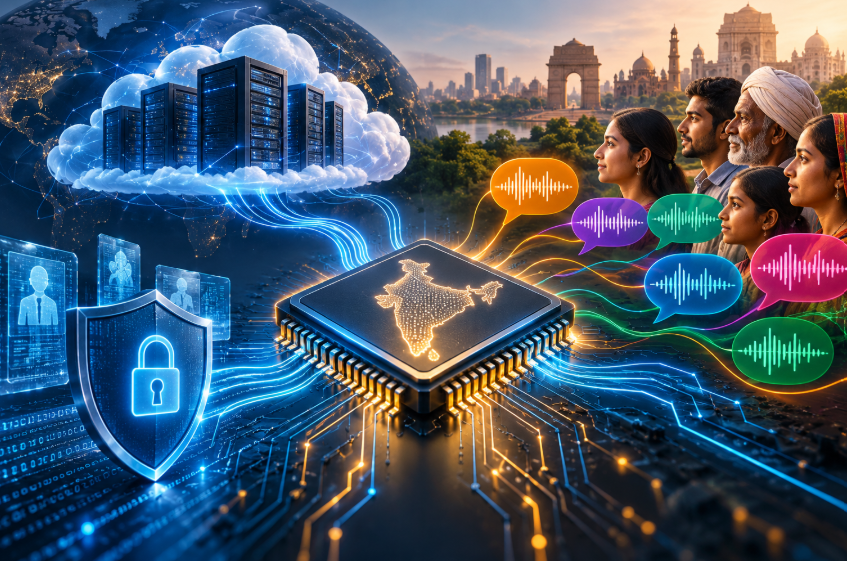AI chip connected to cloud infrastructure, a cybersecurity shield and colourful speech waveforms representing India's linguistic diversity.