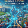 Infographic conceptualizing India's 2030 Sovereign AI ecosystem, showcasing rural farmers using voice assistants in local languages, doctors reviewing digital health records, green data centers, and a glowing map of India.