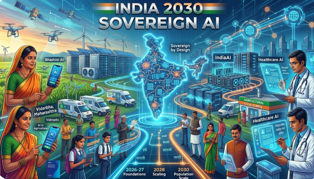 Infographic conceptualizing India's 2030 Sovereign AI ecosystem, showcasing rural farmers using voice assistants in local languages, doctors reviewing digital health records, green data centers, and a glowing map of India.