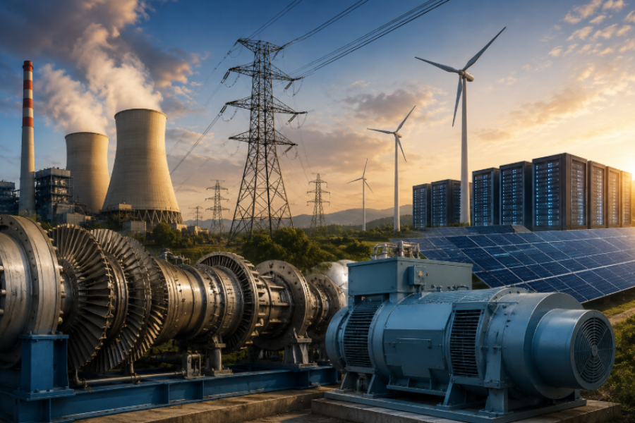 Industrial turbines and generators with power infrastructure, wind turbines, solar panels and data centres in the background.