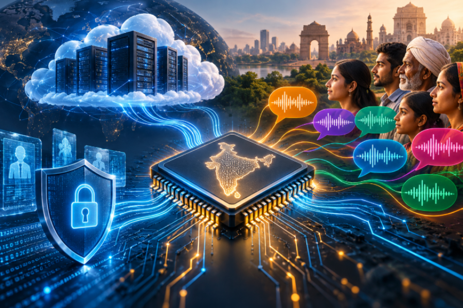 AI chip connected to cloud infrastructure, a cybersecurity shield and colourful speech waveforms representing India's linguistic diversity.